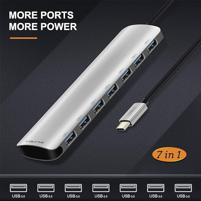 USB-C Hub, USB 3.1Type c to 7 Port USB 3.0 Portable Data Hub for MacBook Pro, USB Flash Drives and Other Type c Devices